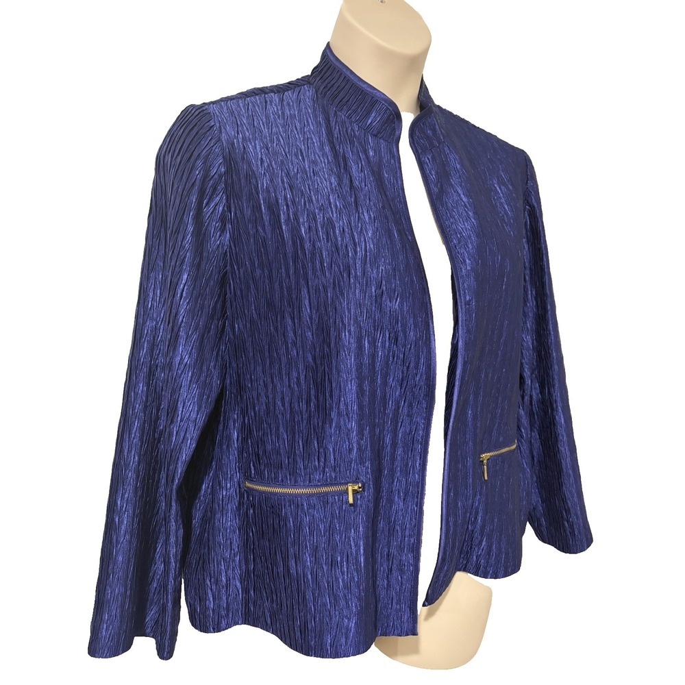 Chicos Blue Crinkle Shine Textured Open Jacket~L~Pockets Artsy Lagenlook Resort